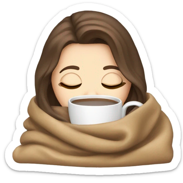 White girl with brown hair inside a blanket sipping coffee eyes closed sticker