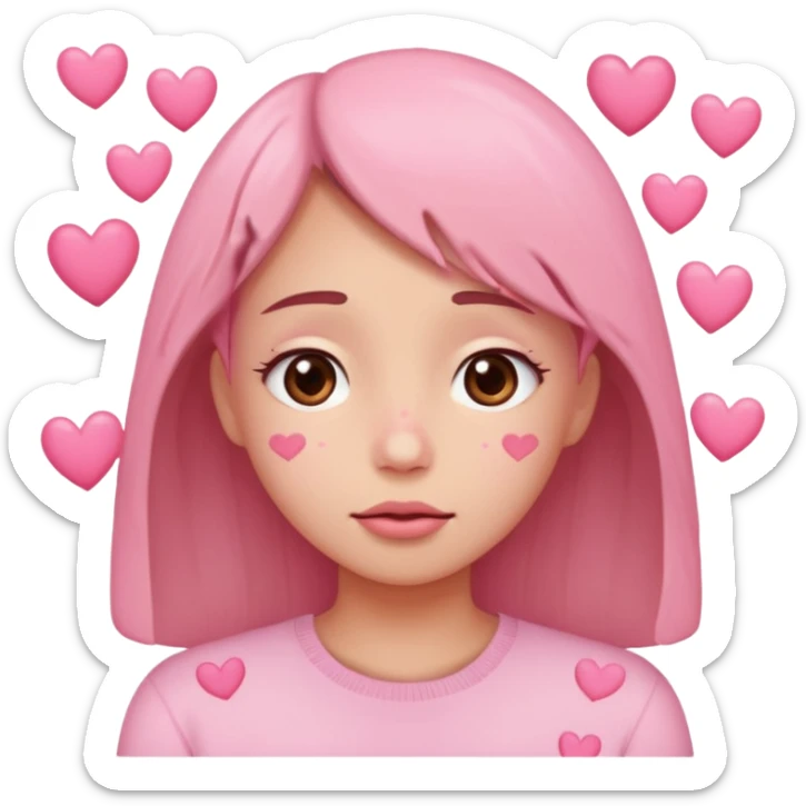 Cute little face with teary eyes, a bit in love, full of pink hearts.” sticker
