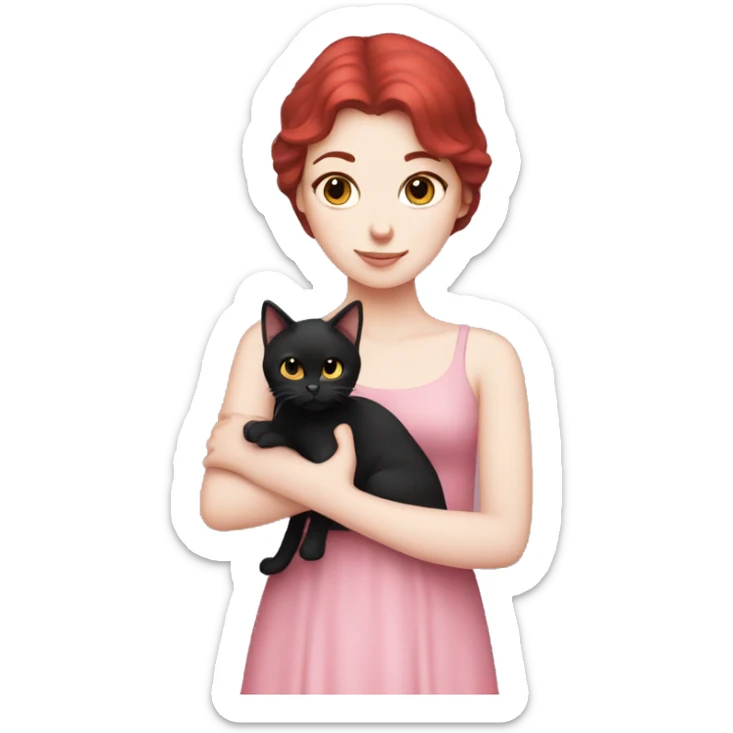 Dark Red hair, white skin wearing pink dress girl who is holding a black cat sticker