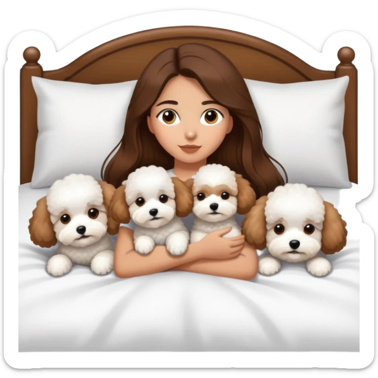 Olive skin girl with long brown hair in bed with 3 WHTE bichon frise's sticker
