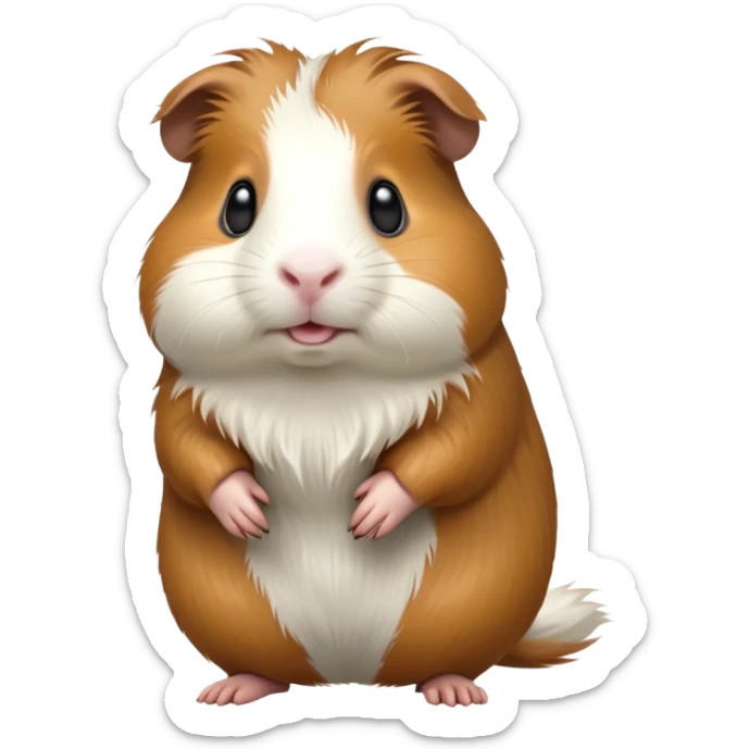 cinematic-[guinea pig]-realistic-full- long elongated body-standing-emoji,-tiny-paws-tucked-close,-head-tilted-dramatically,-fluffy-[brown and white]-fur,-simplified-yet-realistic-focused-features,-highly-detailed,-glowing-with-an-almost-sarcastic-glow sticker