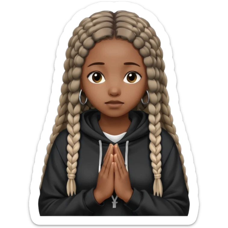African American girl dark skin with long box braids and plain black hoodie with prayer hands sticker