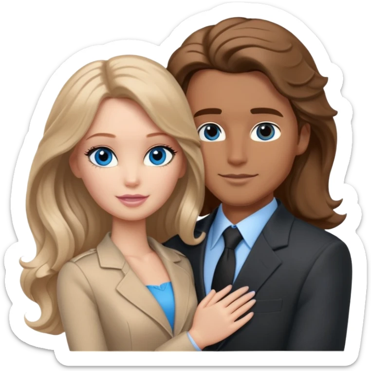 White Barbie girl  , eyes blue , Chestnut  long wavy hair In beige clothes, Hugs a man with brown hair, brown eyes and a black suit sticker