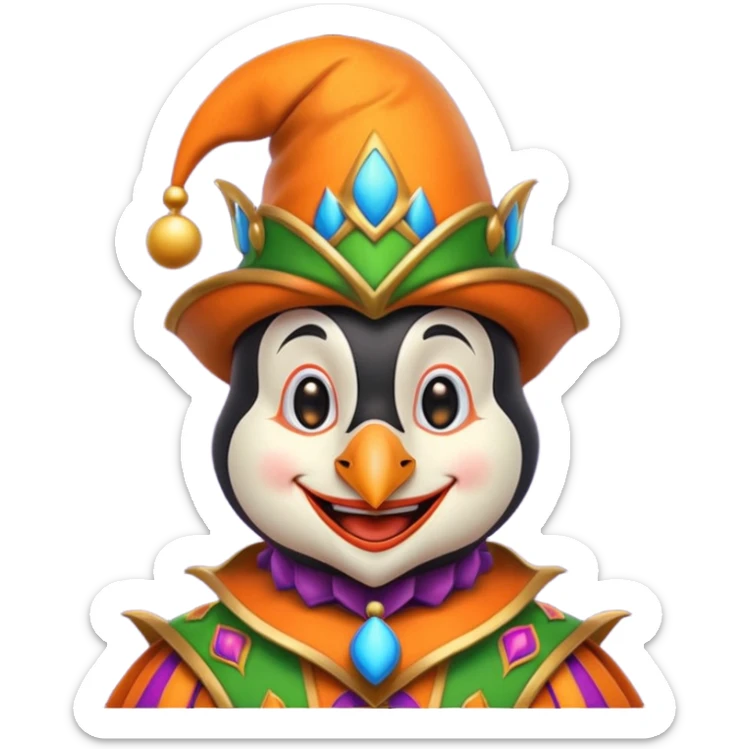 crazy funny colorful penguin jolly joker, medieval, vintage, court jester, mac os icon, orange color sticker