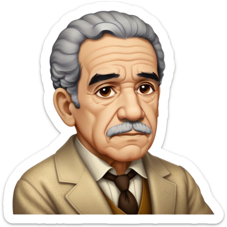 Cinematic Realistic Gabriel García Márquez Portrait Emoji, depicted as a visionary writer with a contemplative gaze in period attire, rendered with rich textures and warm literary lighting that captures his magical realism legacy. sticker