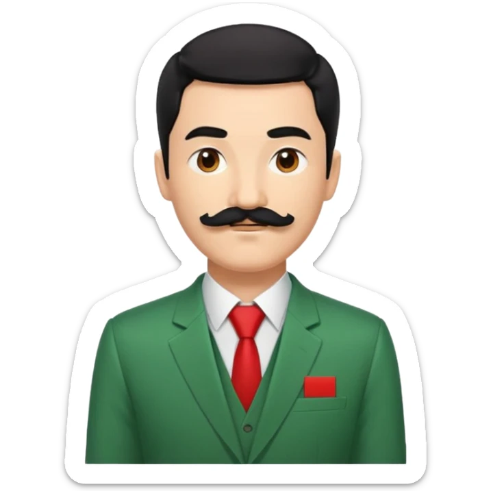 Un homme avec une moustache carré et une coupe de cheveux noir court en diagonale sur son front, il porte un costume vert sapin avec un bandeau sur le haut du bras droit rouge  sticker