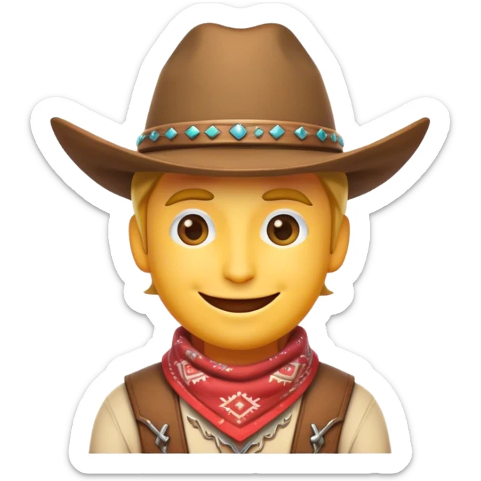 Clash of Clans aesthetic Playful Cowboy Portrait Emoji, Head tilted with a roguish, cheeky grin and twinkling eyes, featuring a compact, charming build with a jaunty hat and a friendly bandana, his natural skin tone adding authenticity, Simplified yet irresistibly charming features, highly detailed, glowing with a warm, inviting western glow, high shine, spirited and lively, stylized with an air of whimsical frontier mischief, soft glowing outline, capturing the essence of a playful cowboy exuding friendly rogue charm! sticker