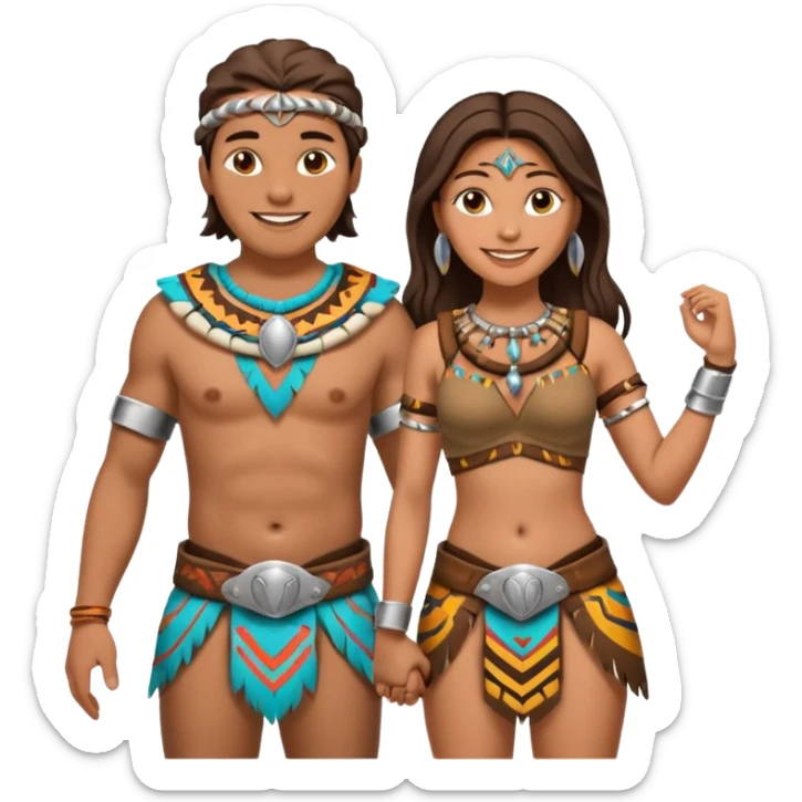 A happy tribal man holding hands with a happy tribal woman wearing a chastity belt sticker