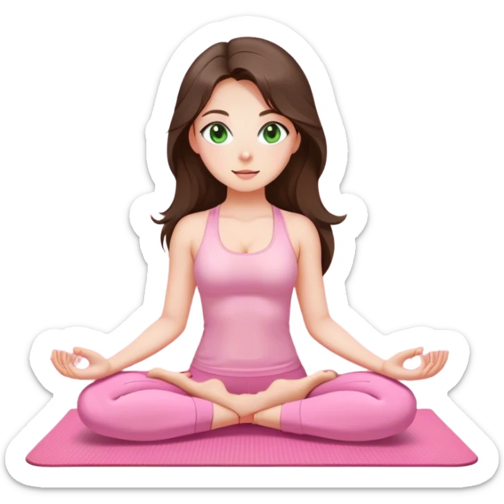 Brunette long hair and green eyes yoga beautiful girl in light pink pink pink clothes sitting on a yoga mat sticker