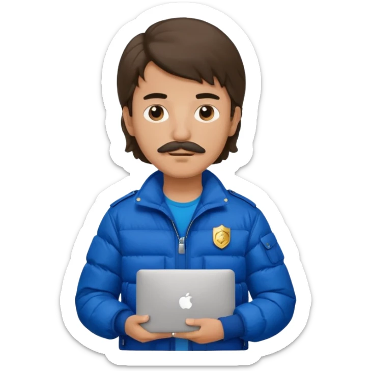 generate an ios genmoji of a 20 year old boy with shoulder length hair and a mullet. cop mustache. carrying a macbook and wearing a puffer jacket sticker