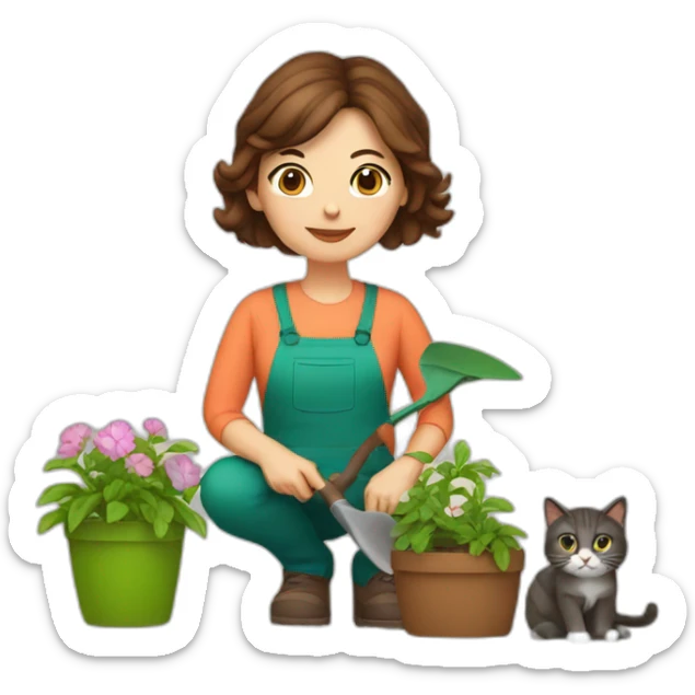48 year old woman with brown hair gardening with cat sticker