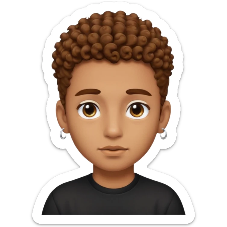 caramel skin boy with color bear brown curly hair with fade on the sides and thick eyebrows with a black shirt and small stud earrings with black colored eyes and a cheek mole sticker