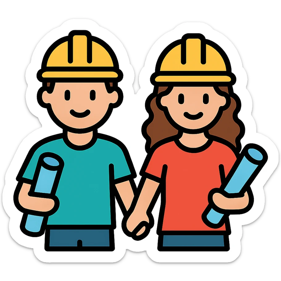 a couple holding hands, boyfriend with short brown hair, girlfriend with long brown curls, both wearing construction helmets and holding construction plans, lineal color icon with black outlines sticker