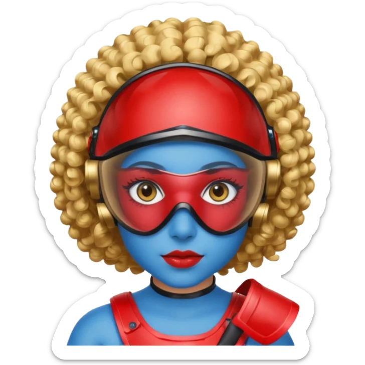blue curly haired girl with huge earrings, wearing red paintball helmet and eye protection, only face  sticker