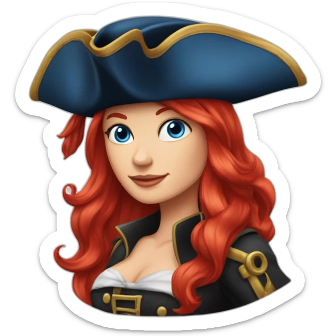 Woman long red platted hair, hair to one side. pirate hat. One side of head has no hair. Blue eyes. skull and crossbones t shirt sticker