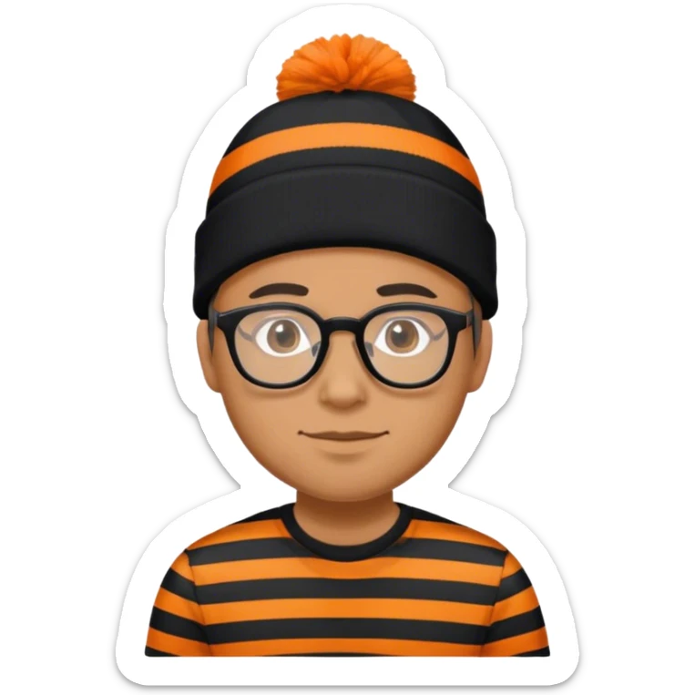 Man with glasses wearing a black and orange striped shirt and a black and orange striped beanie sticker