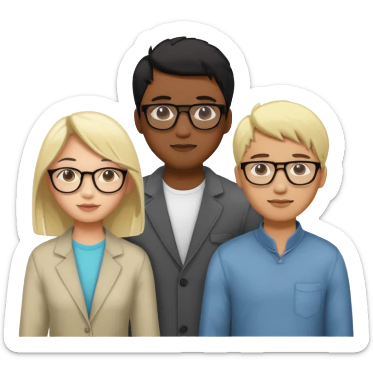 four people. Asian girl, black guy with glasses and dyed blonde hair, indian guy with glasses, asian guy sticker