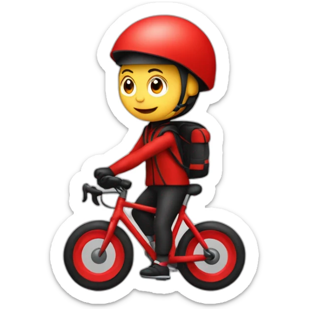 Garçon en tenue rouge sur un vélo noir vélo avec un sac tout rouge cubique, sticker