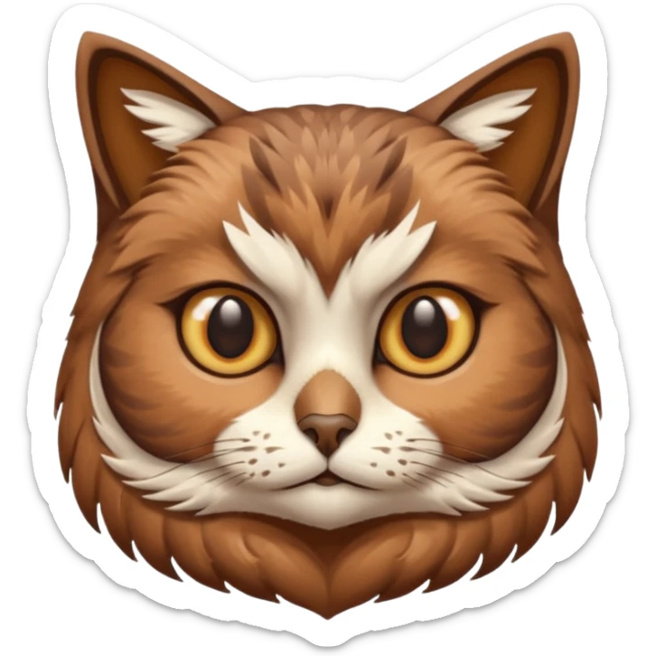 An cats head with a brown on top of the head of the cat the cats head infused with an white owls body with brown wings sticker