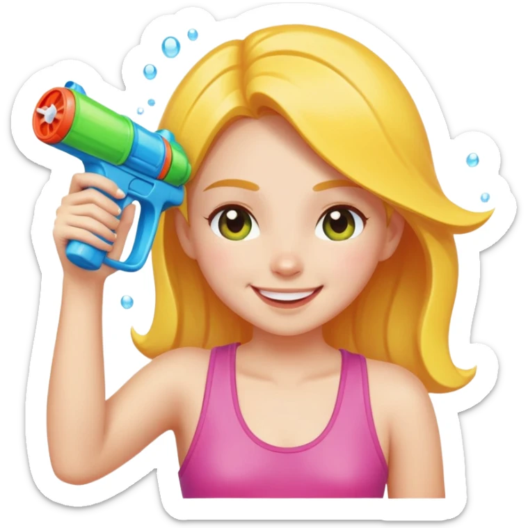 girl holding a water gun up at someone and smiling with her eyes closed ￼ sticker