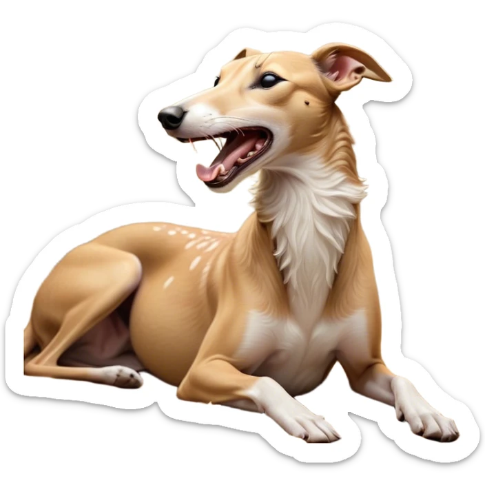 Cinematic Cute Yawning Fawn Greyhound Portrait Emoji, Head tilted slightly with a dramatic, wide-open yawn, showcasing a smooth fawn Fur with a refined finish, floppy ears slightly drooping, round eyes barely open in drowsy contentment, Simplified yet irresistibly adorable features, highly detailed, glowing with a soft, cozy glow, high shine, relaxed yet expressive, stylized with a touch of whimsy, bright and endearing, soft glowing outline, capturing the essence of a sleepy yet affectionate companion, so drowsy it feels like it could stretch out of the screen and curl up for a nap! sticker