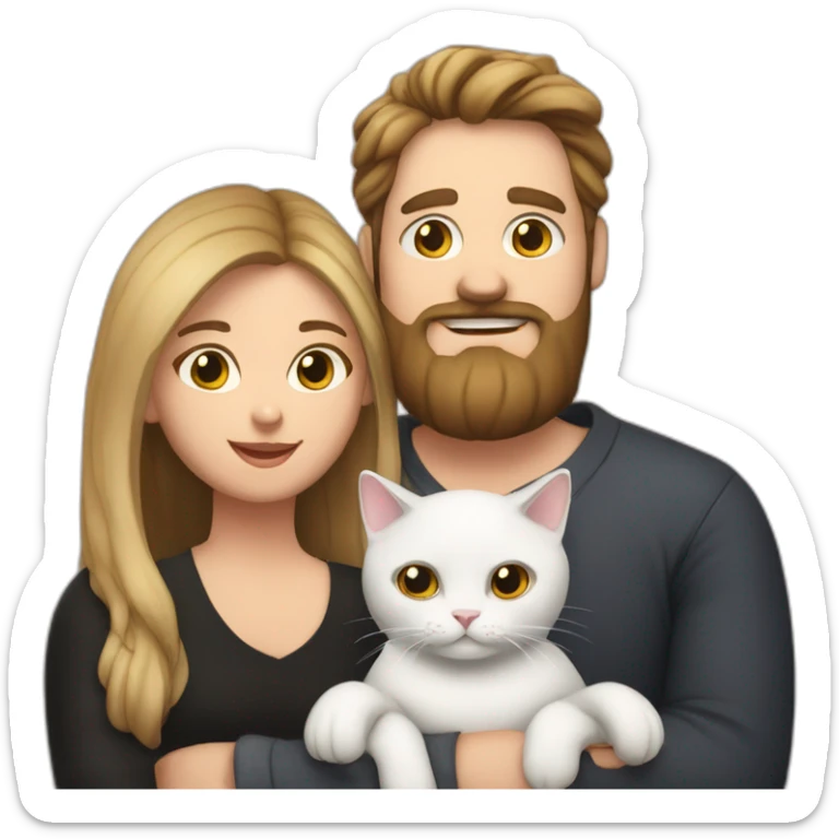 Family photo a fat husband with a beard is holding a white cat and wife with straight hair is holding another black cat sticker