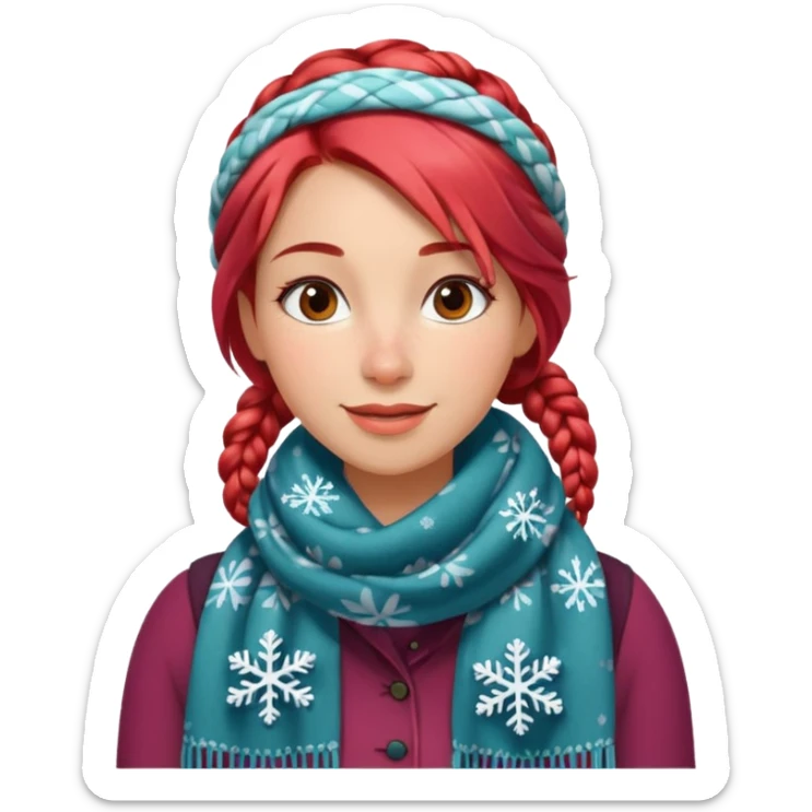 A red braid hair cheerful woman with patterned scarf, snowflakes land on her hair. sticker