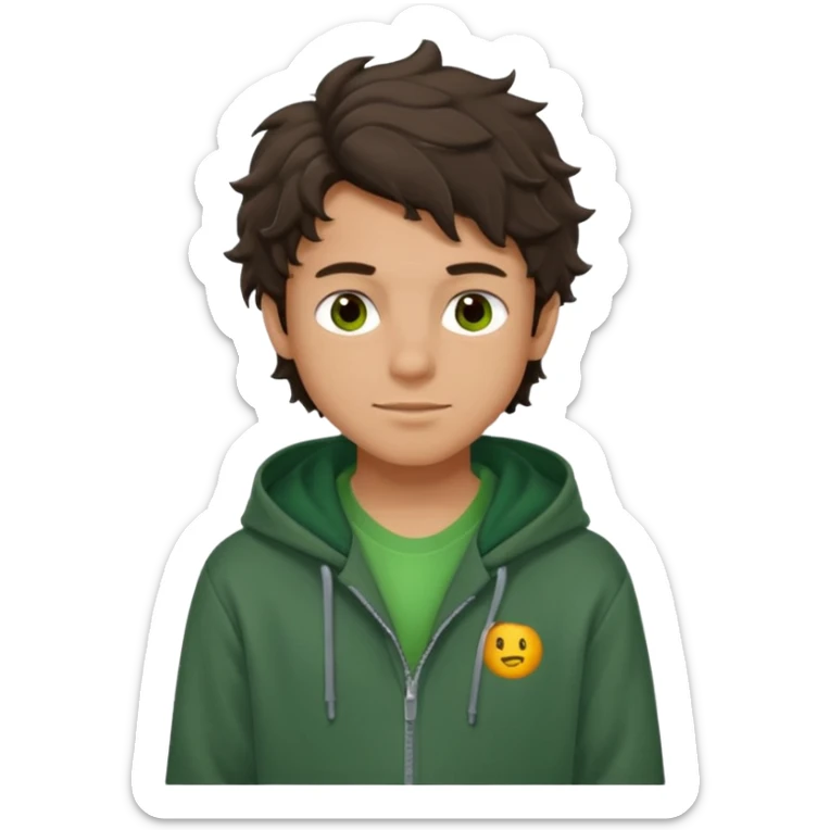 a 14 year old slightly tanned teenage boy with dark brown tousled wavy hair, dark brown eyes wearing a green tshirt, with a dark green hoodie overcoat. smirking sticker