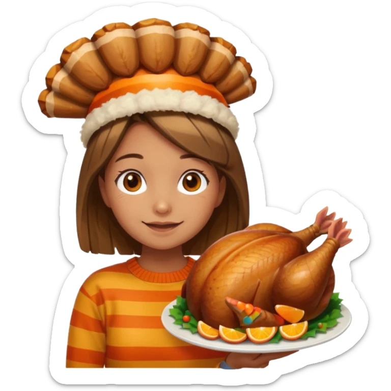 happy tan girl with an orange striped sweater and a cooked browned turkey on her head  sticker