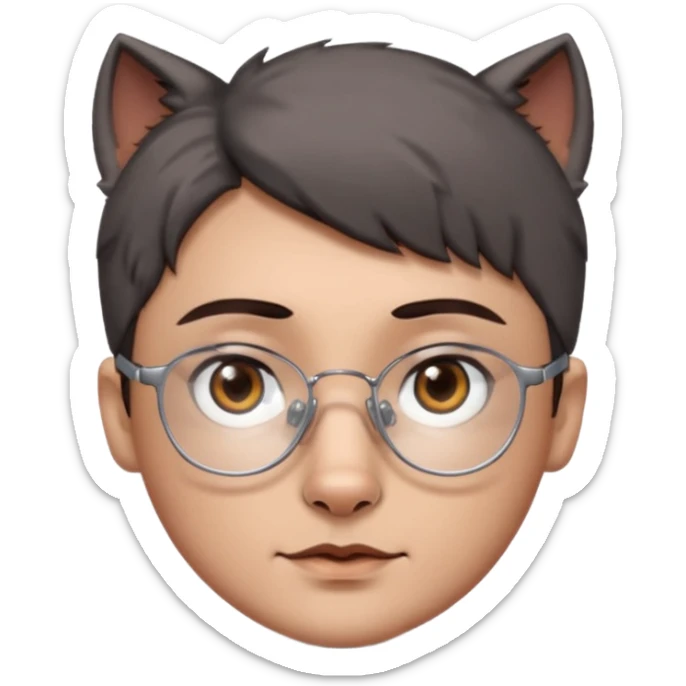 personagem com Wolf cut curto, cabelo castanho escuro, olho castanho escuro, sombrancelha castanho escuro, óculos sem aro prata. sticker