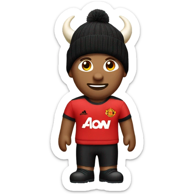 a man with horns in a red Manchester United football club T-shirt. He wears a black winter hat on his head sticker