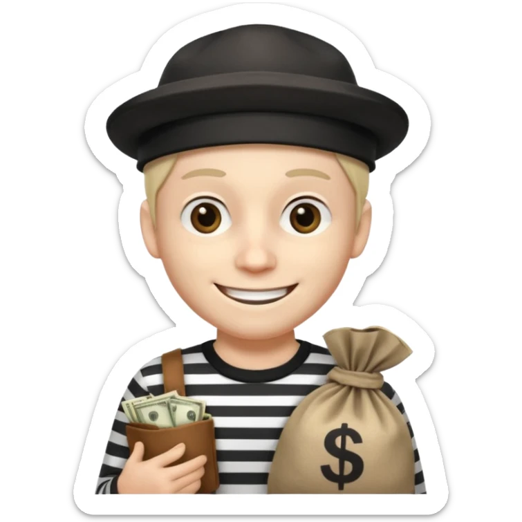 robber with 4 lines of black and white striped shirt and he has a money bag in his hand and a robber hat and he is smiling and he is whiteno money in his hand no money out of bag the bag is to the left  sticker