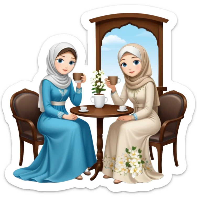 Turkish beautiful finish Konya girls blue eyes with Beautiful white blossom floral hijab long tail dress and the two friends in a white lovely coffeehouse sits on the chair on the ground and holds cup coffe with her hand  sticker