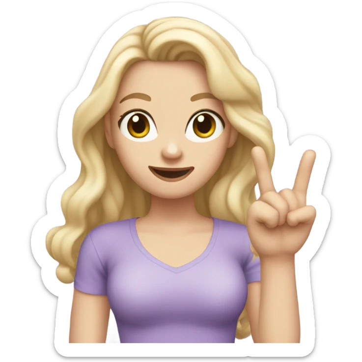 Woman, white skin, pale skin, long hair, blonde hair, wavy hair, lavender top, finger guns sticker