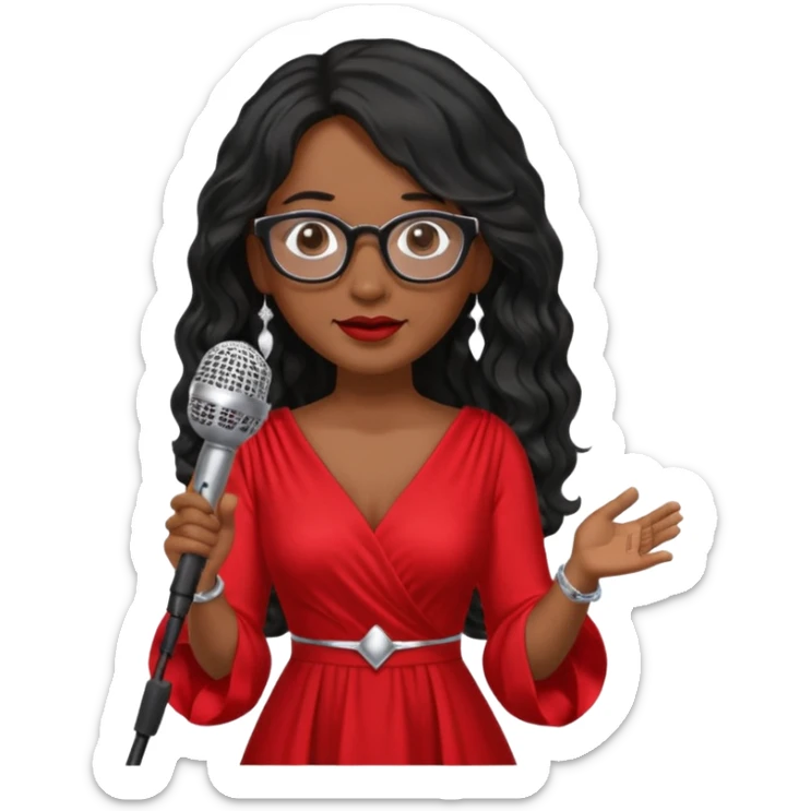 singer, Middle age, long wavy black hair, brown skin, wearing dress, holding mic, glasses sticker
