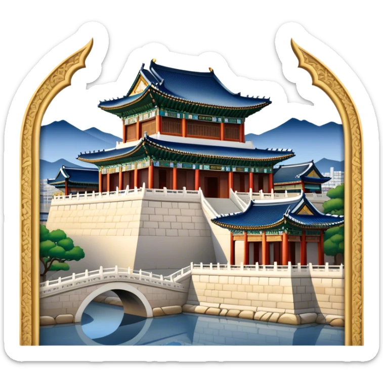 Cinematic Realistic Gyeongbokgung Palace Landmark Emoji, depicted with regal historic architecture rendered with intricate detail and majestic, dynamic lighting. sticker