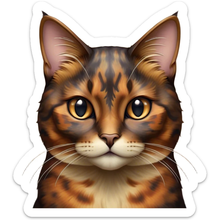 Cinematic Noble Tortoiseshell Cat Portrait Emoji, Poised and dignified, showcasing a luxurious, mottled fur of rich browns and blacks, with elegantly arched whiskers and a determined yet gentle expression, simplified yet meticulously detailed, glowing with a subtle, regal radiance, high shine, embodying quiet nobility and refined charm, soft glowing outline, capturing the essence of a sophisticated tortoiseshell cat exuding quiet authority! sticker