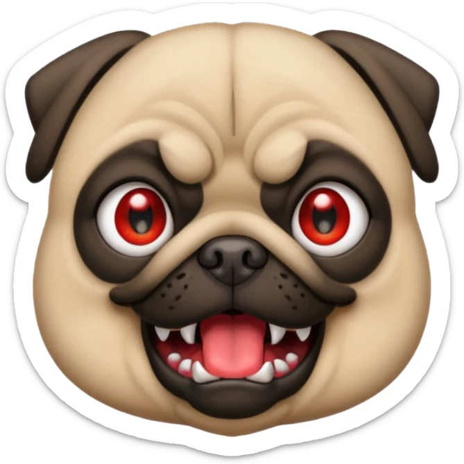 iphone emoji of pug with funny fury expression, red eyes, small fangs, black spiked collar, 2D bright and clean style, rebellious and comic attitude sticker