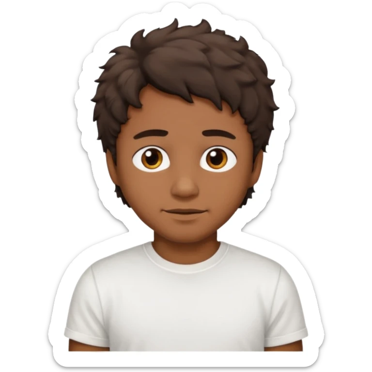 Homme brun cheveux court ondulé. Métisse. Yeux marrons très foncé. Avec t-shirt blanc avec du duvet  sticker