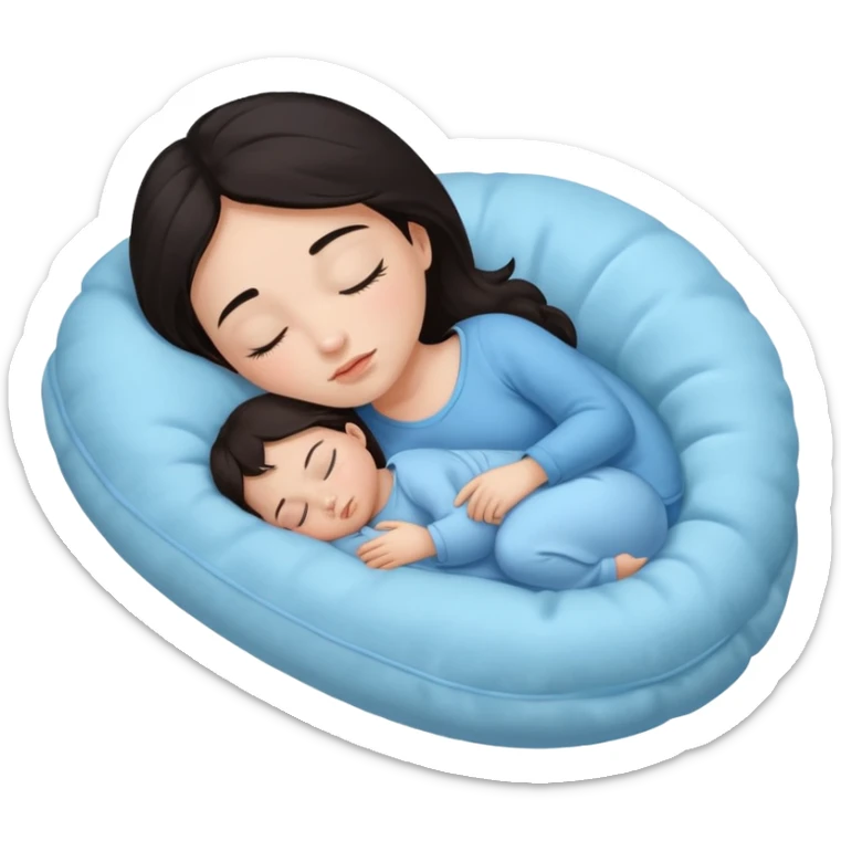 A girl with dark hair sleeping on a baby blue pillow sticker
