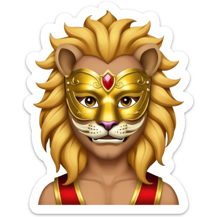 a man, with a vest,  wear half-face golden Lion masquerade mask sticker