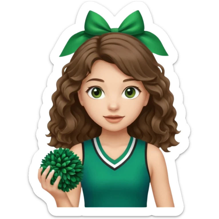 A pretty girl, her eyes is blue, her hair is brown long wavy hair, and wear green Hawkins cheerleader no sleeve uniform and hold pompom sticker