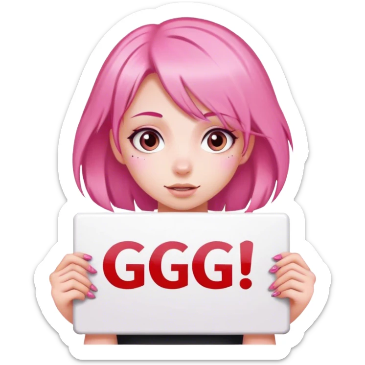 girl with pink hair, big sign, sign says GG sticker