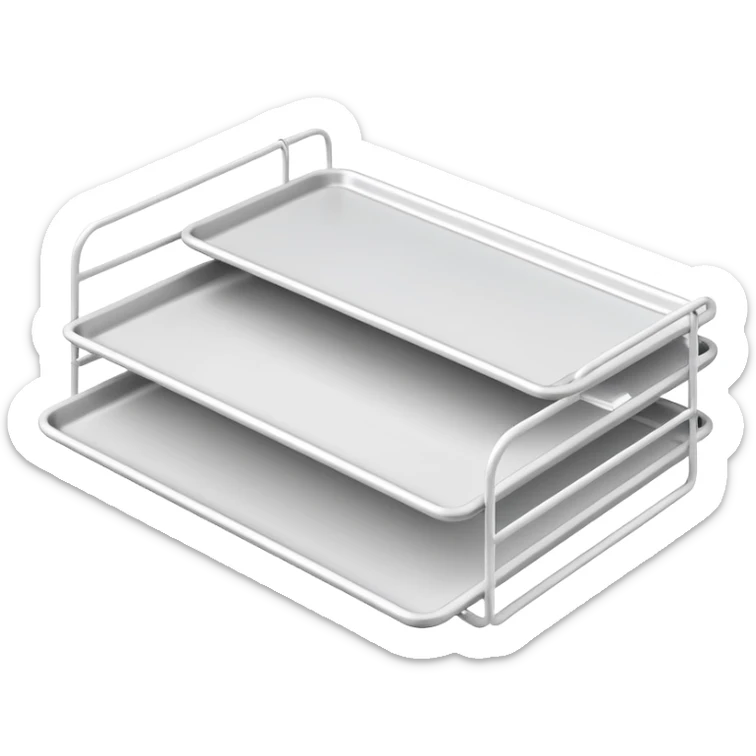 A minimal, clean emoji-style illustration of a white metal desk paper organizer tray, shown in slight isometric view so its structure is readable at a small scale. The organizer is rectangular with rounded corners, made of thin white metal wires, forming two to three stacked horizontal slots.
 sticker