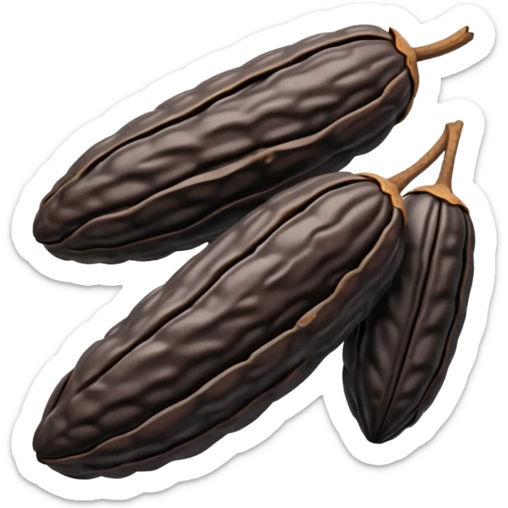 single or small cluster of Tonka beans with wrinkled, elongated almond-like shapes, deep brown to black color, textured slightly glossy surface with visible ridges and curved natural form, soft lighting, subtle shadows, emoji scale sticker