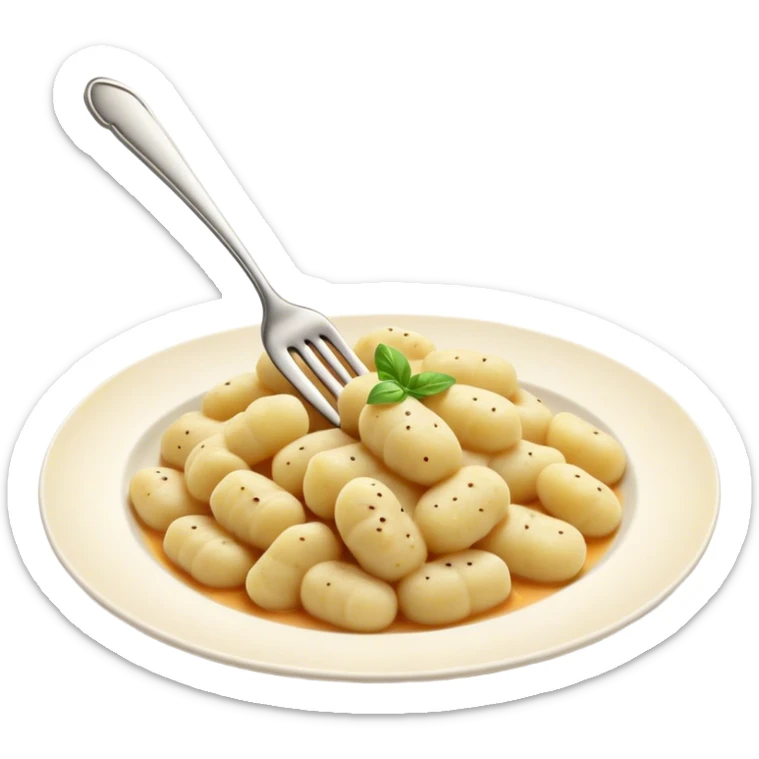Gnocchi Cinematic Realistic Gnocchi Dish Emoji, depicted as tender oblong potato gnocchi garnished with iconic fork marks on top, rendered with soft textures and warm, inviting lighting. sticker