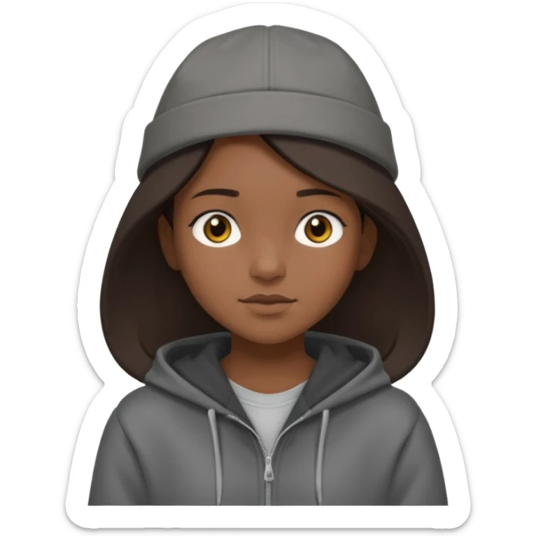 Hobo tomboy with shoulder-length center-parted dark brown hair. brown eyes, dark dull brown hoodie, grey shirt. Flat crown bolero hat sticker