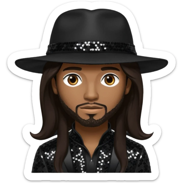 Ahmad "Real" Givens with long dark brown hair, black sequin outfit, black hat sticker