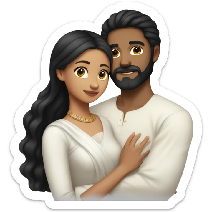 Light skin;Black long hair girl  in a white saree hugging with a man with black beard and short hair on top sticker