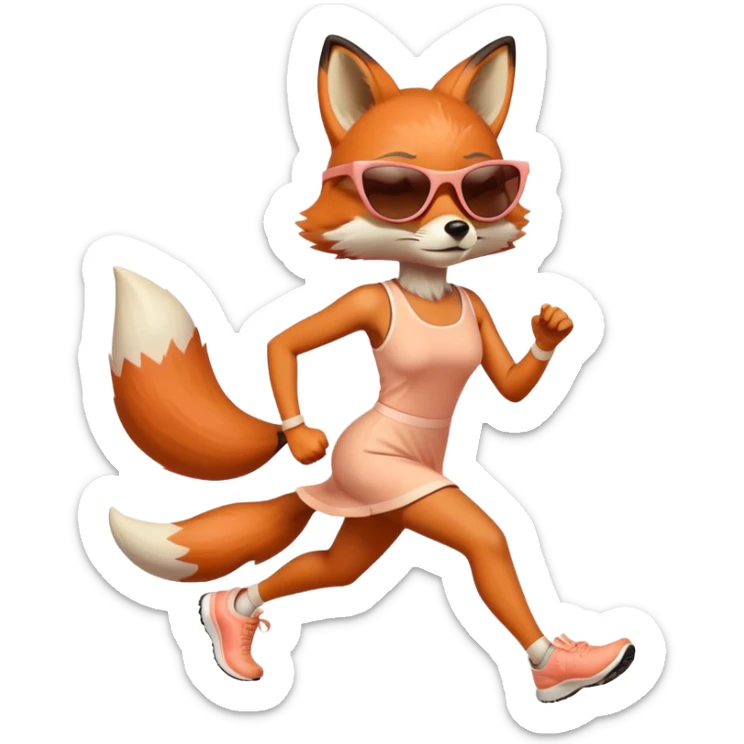 serious anthropomorphised female fox in stylish dress with sunglasses jogging upright sticker